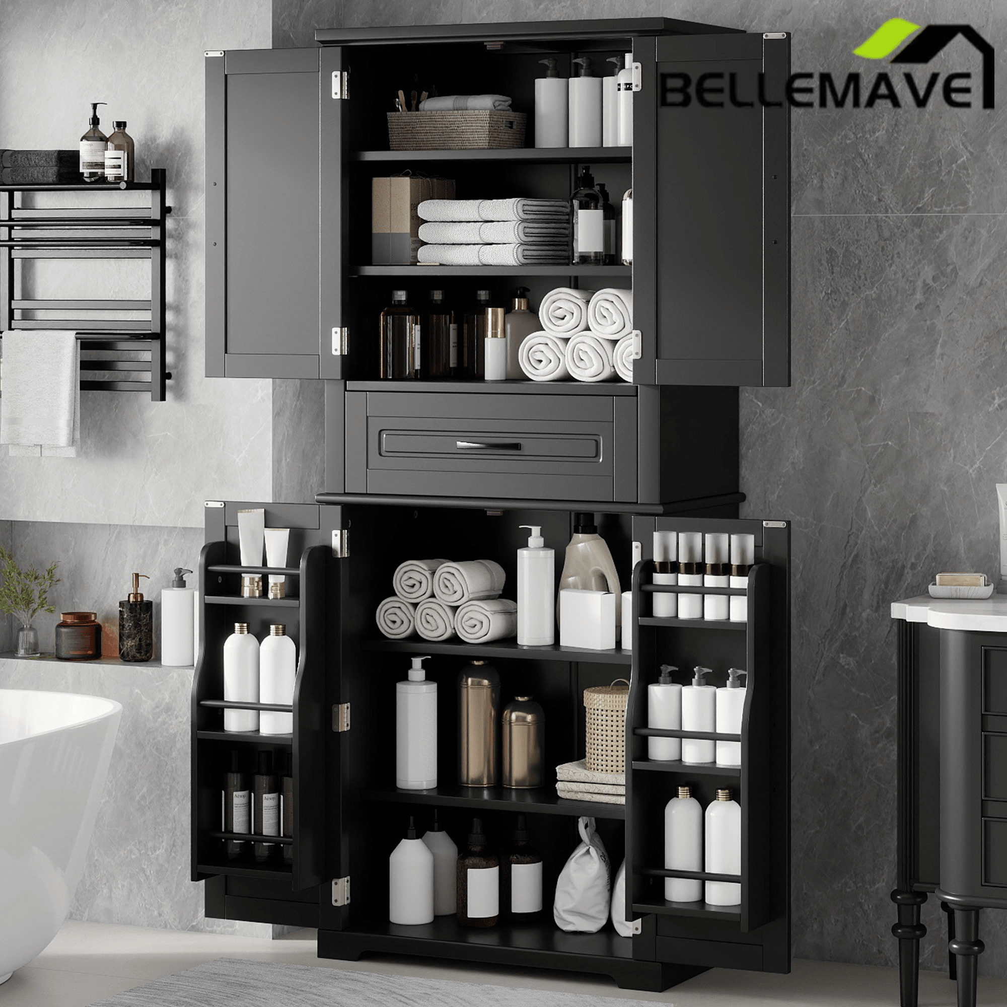 Bellemave® Bathroom Storage Cabinet with 4 Doors, 3 - Tier Racks on Down Doors & Storage Drawer for Bathroom, Living Room & Apartment - Bellemave