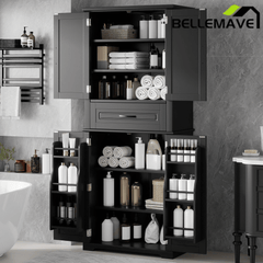 Bellemave® Bathroom Storage Cabinet with 4 Doors, 3 - Tier Racks on Down Doors & Storage Drawer for Bathroom, Living Room & Apartment - Bellemave