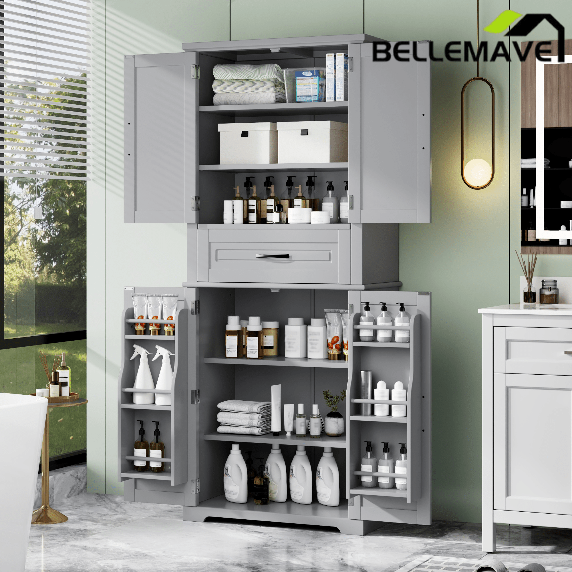 Bellemave® Bathroom Storage Cabinet with 4 Doors, 3 - Tier Racks on Down Doors & Storage Drawer for Bathroom, Living Room & Apartment - Bellemave