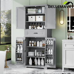 Bellemave® Bathroom Storage Cabinet with 4 Doors, 3 - Tier Racks on Down Doors & Storage Drawer for Bathroom, Living Room & Apartment - Bellemave