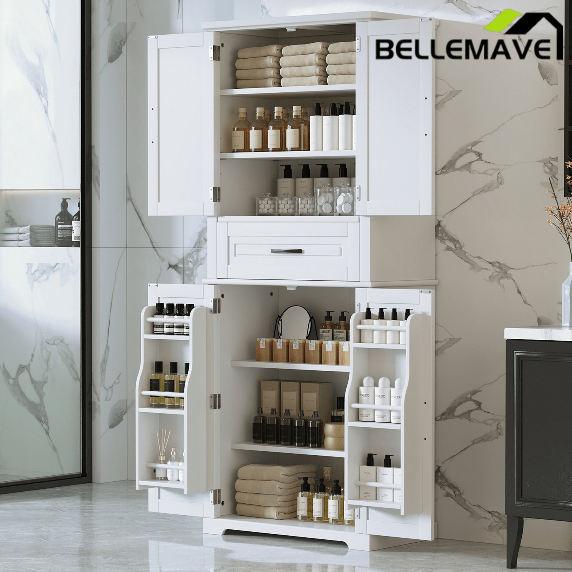 Bellemave® Bathroom Storage Cabinet with 4 Doors, 3 - Tier Racks on Down Doors & Storage Drawer for Bathroom, Living Room & Apartment - Bellemave