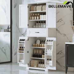 Bellemave® Bathroom Storage Cabinet with 4 Doors, 3 - Tier Racks on Down Doors & Storage Drawer for Bathroom, Living Room & Apartment - Bellemave