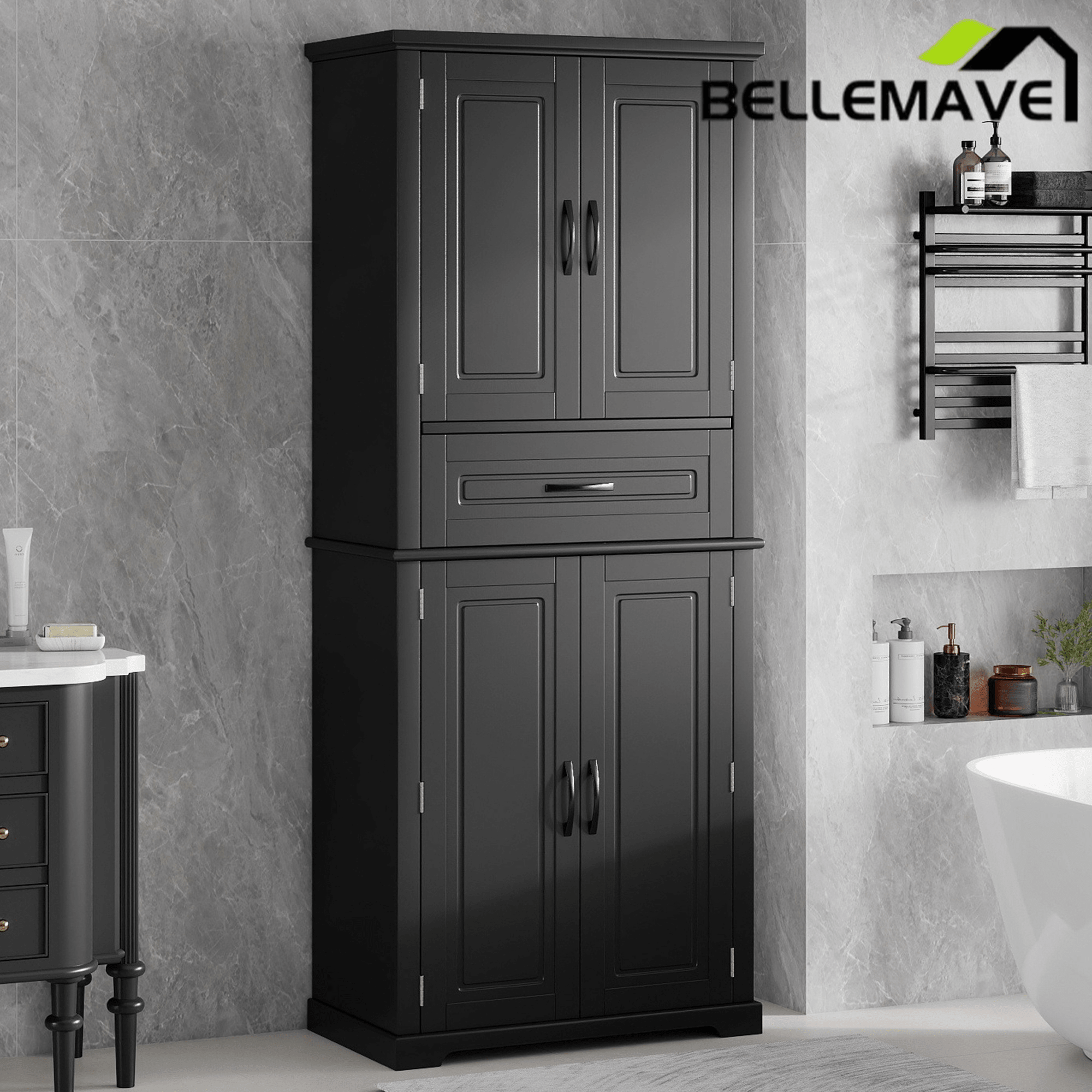 Bellemave® Bathroom Storage Cabinet with 4 Doors, 3 - Tier Racks on Down Doors & Storage Drawer for Bathroom, Living Room & Apartment - Bellemave