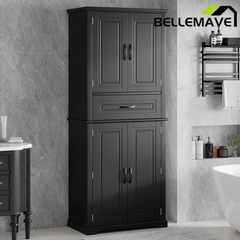 Bellemave® Bathroom Storage Cabinet with 4 Doors, 3 - Tier Racks on Down Doors & Storage Drawer for Bathroom, Living Room & Apartment - Bellemave
