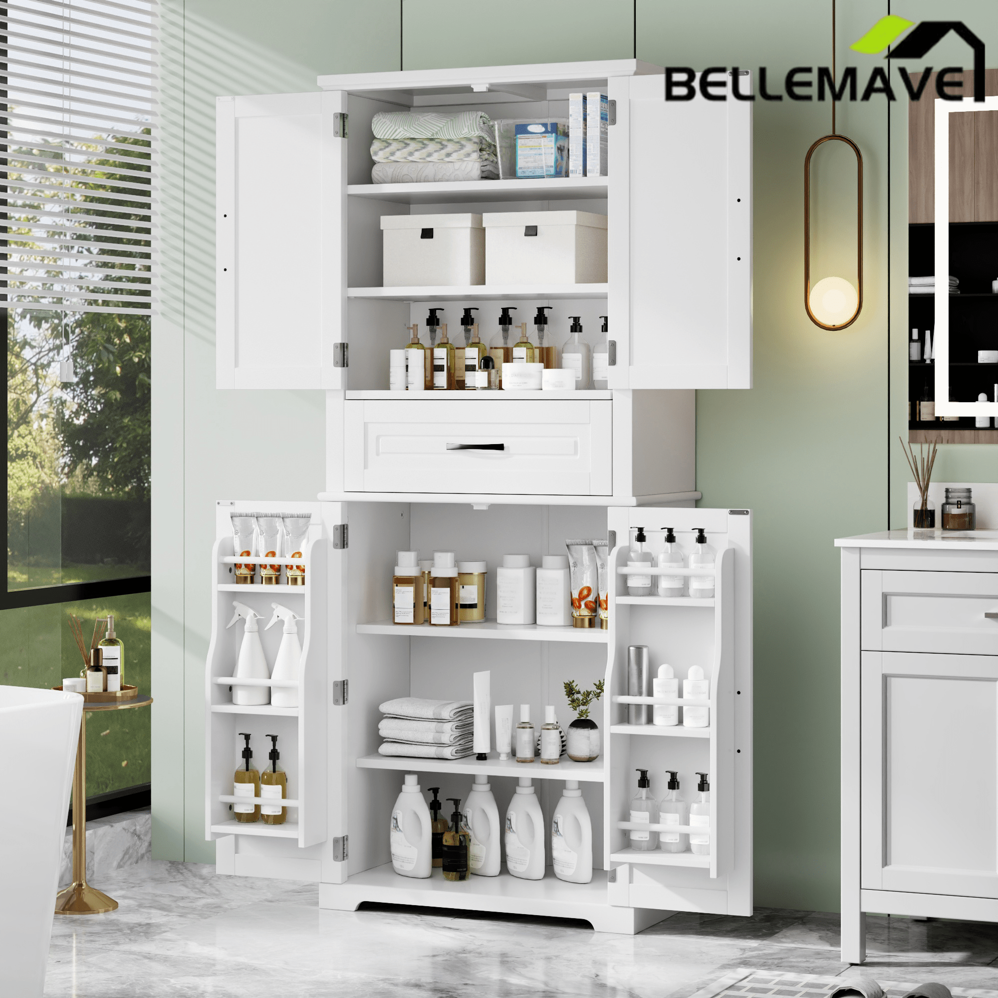 Bellemave® Bathroom Storage Cabinet with 4 Doors, 3 - Tier Racks on Down Doors & Storage Drawer for Bathroom, Living Room & Apartment - Bellemave