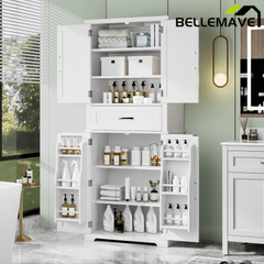 Bellemave® Bathroom Storage Cabinet with 4 Doors, 3 - Tier Racks on Down Doors & Storage Drawer for Bathroom, Living Room & Apartment - Bellemave