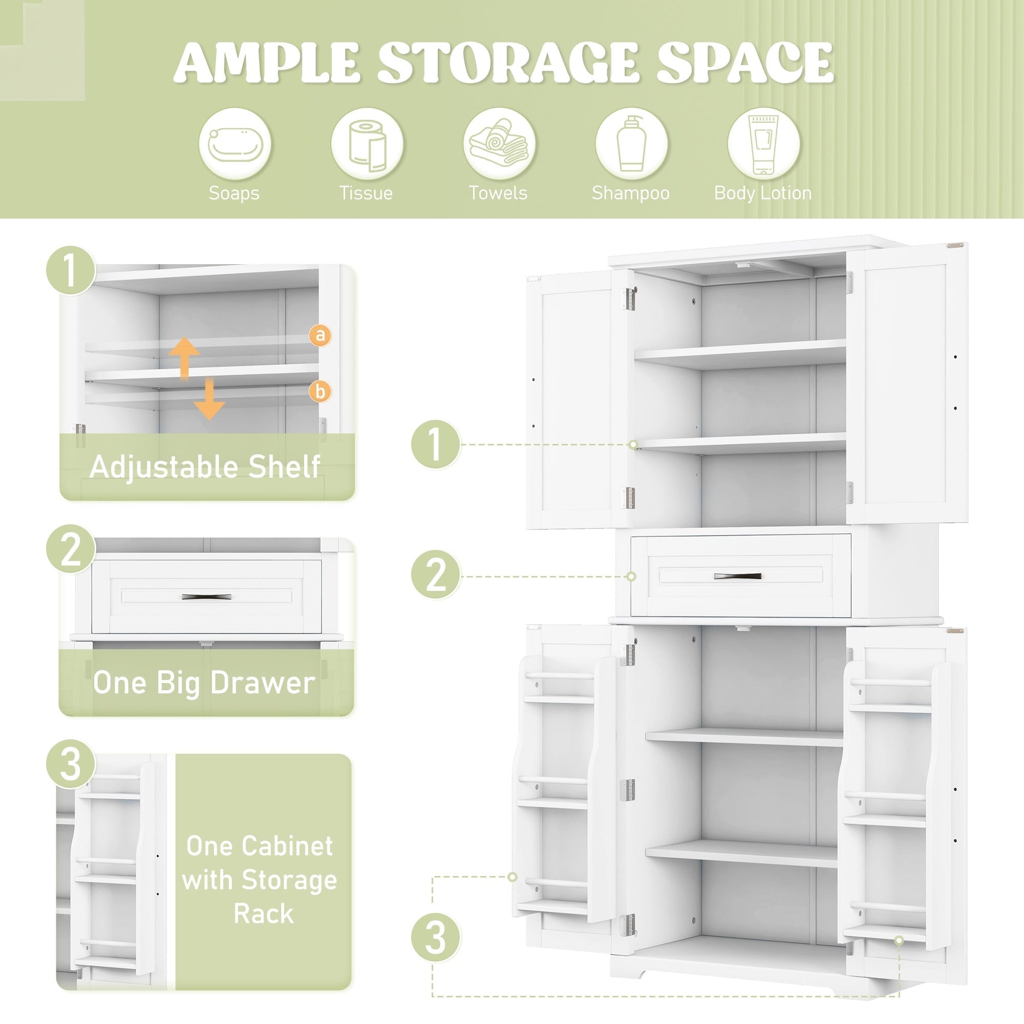 Bellemave® Bathroom Storage Cabinet with 4 Doors, 3 - Tier Racks on Down Doors & Storage Drawer for Bathroom, Living Room & Apartment - Bellemave