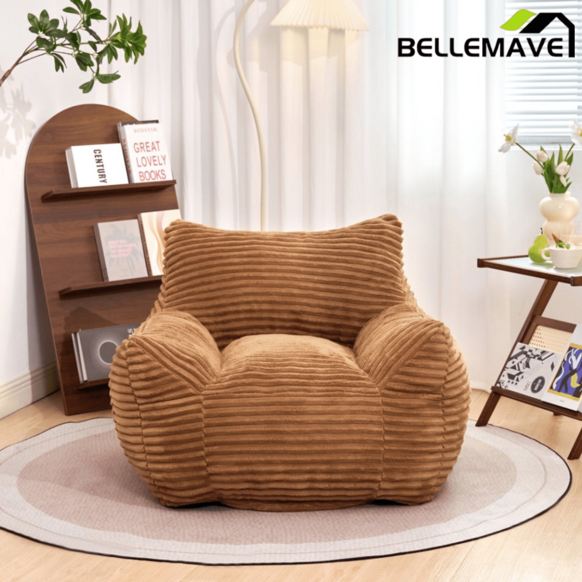 Bellemave® Bean Bag Chair for Adults with Armrests - Oversized Comfy Beige Beanbag Lounge Lazy Floor Sofa Accent Chair for Living Room, Bedroom & Dorm - Bellemave