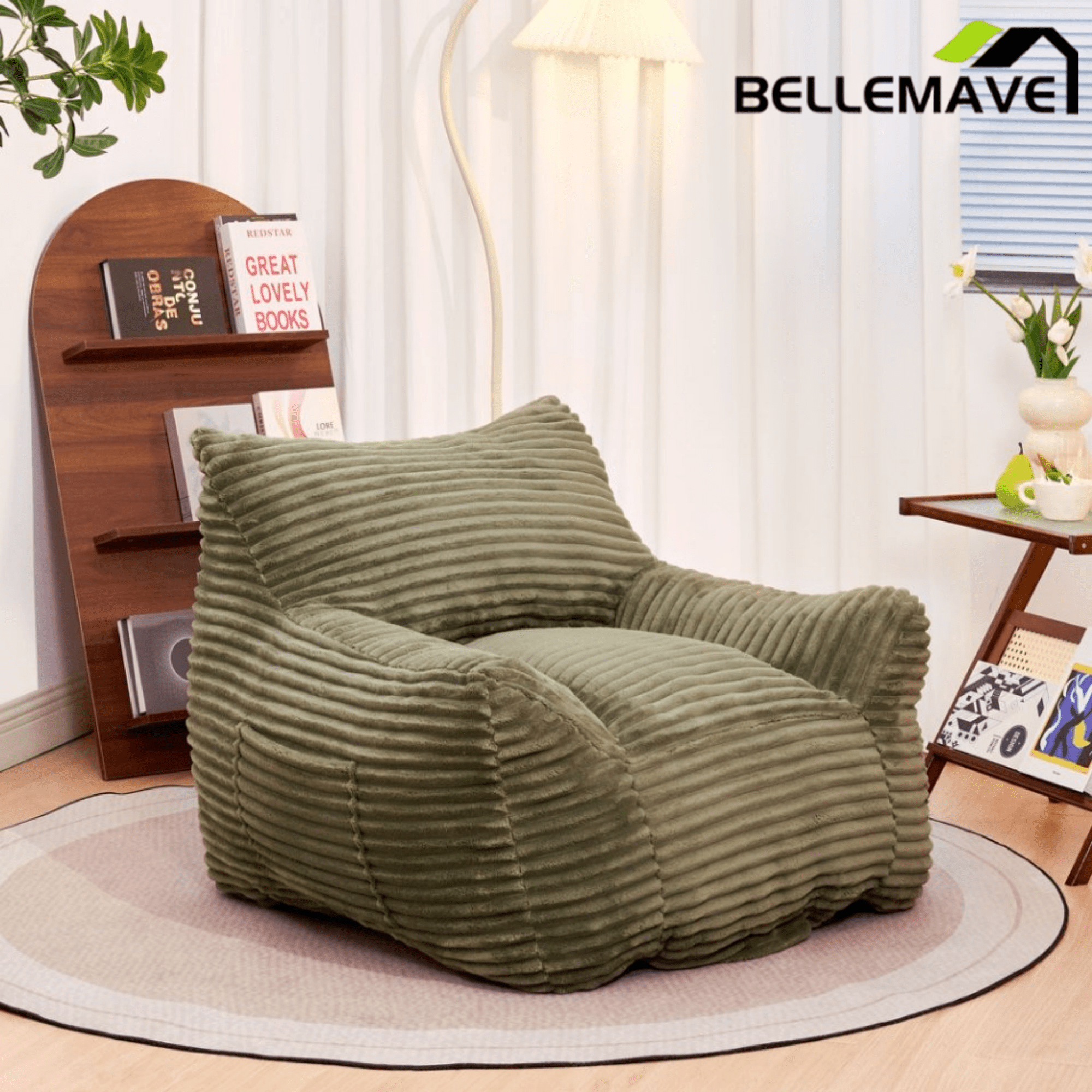 Bellemave® Bean Bag Chair for Adults with Armrests - Oversized Comfy Beige Beanbag Lounge Lazy Floor Sofa Accent Chair for Living Room, Bedroom & Dorm - Bellemave