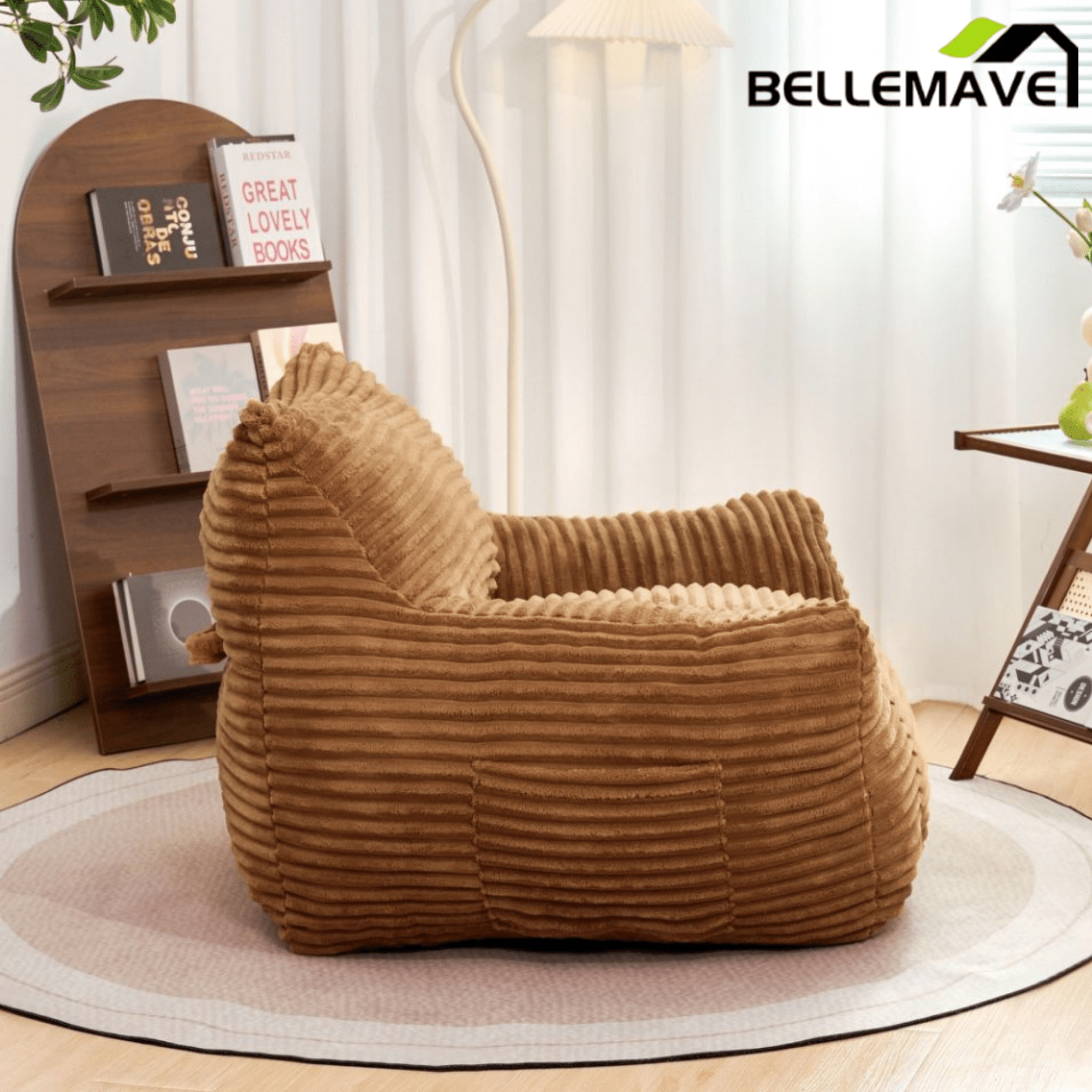 Bellemave® Bean Bag Chair for Adults with Armrests - Oversized Comfy Beige Beanbag Lounge Lazy Floor Sofa Accent Chair for Living Room, Bedroom & Dorm - Bellemave