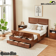 Bellemave® Bed Frame with 3D Geometric Headboard, 4 Storage Drawers & Bench – Modern Oak Bedroom Furniture - Bellemave