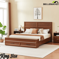Bellemave® Bed Frame with 3D Geometric Headboard, 4 Storage Drawers & Bench – Modern Oak Bedroom Furniture - Bellemave