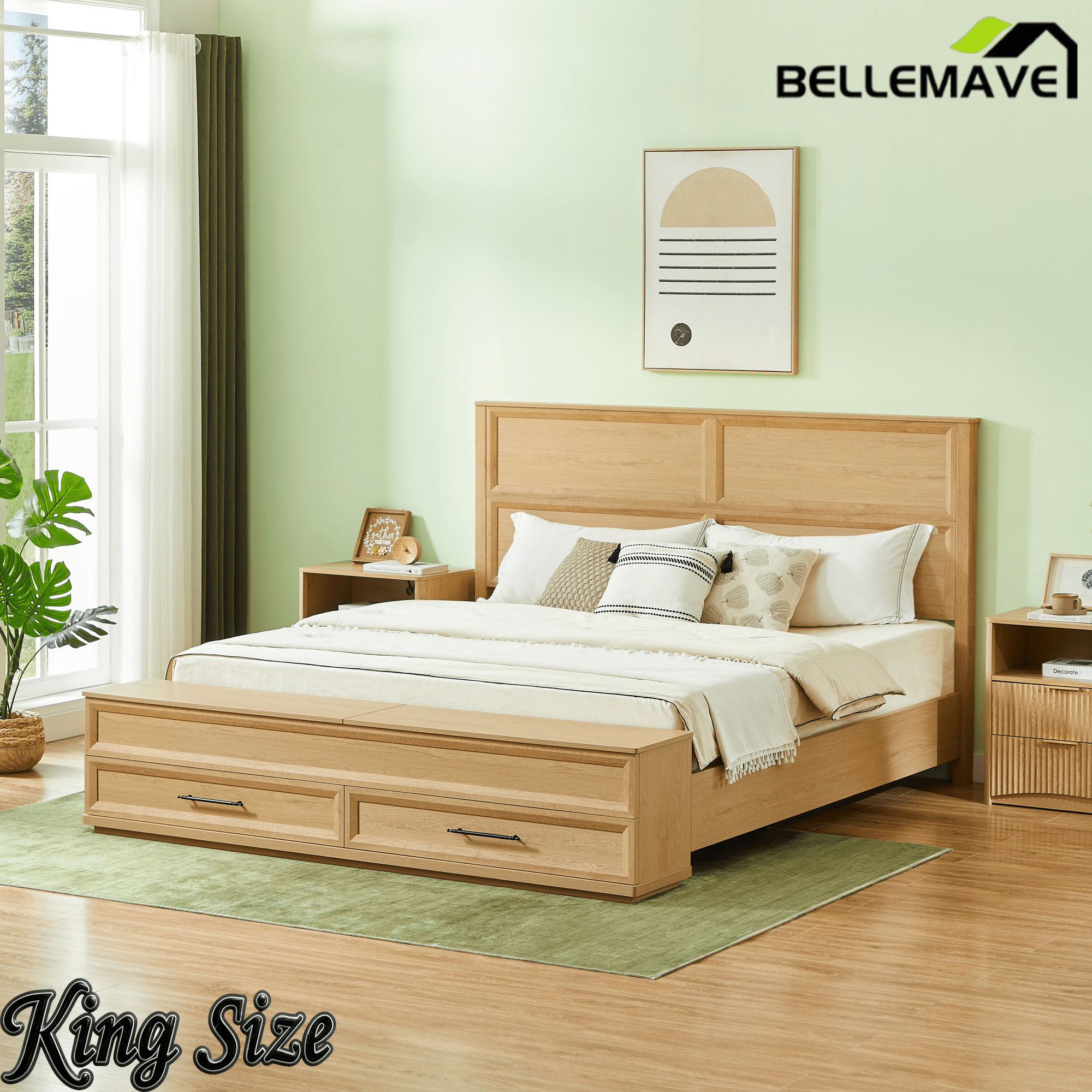 Bellemave® Bed Frame with 3D Geometric Headboard, 4 Storage Drawers & Bench – Modern Oak Bedroom Furniture - Bellemave