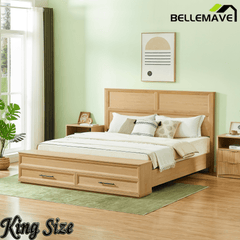 Bellemave® Bed Frame with 3D Geometric Headboard, 4 Storage Drawers & Bench – Modern Oak Bedroom Furniture - Bellemave
