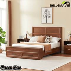 Bellemave® Bed Frame with 3D Geometric Headboard, 4 Storage Drawers & Bench – Modern Oak Bedroom Furniture - Bellemave