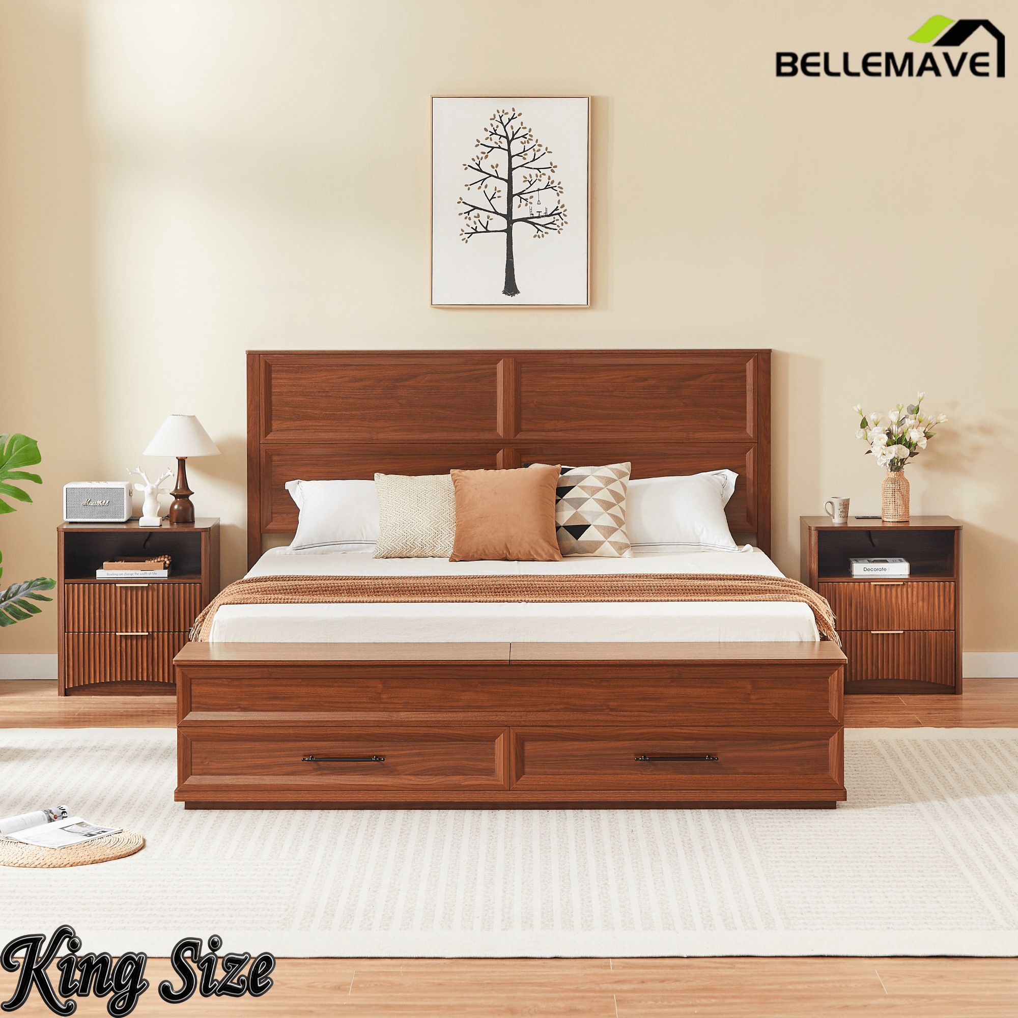 Bellemave® Bed Frame with 3D Geometric Headboard, 4 Storage Drawers & Bench – Modern Oak Bedroom Furniture - Bellemave