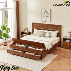 Bellemave® Bed Frame with 3D Geometric Headboard, 4 Storage Drawers & Bench – Modern Oak Bedroom Furniture - Bellemave