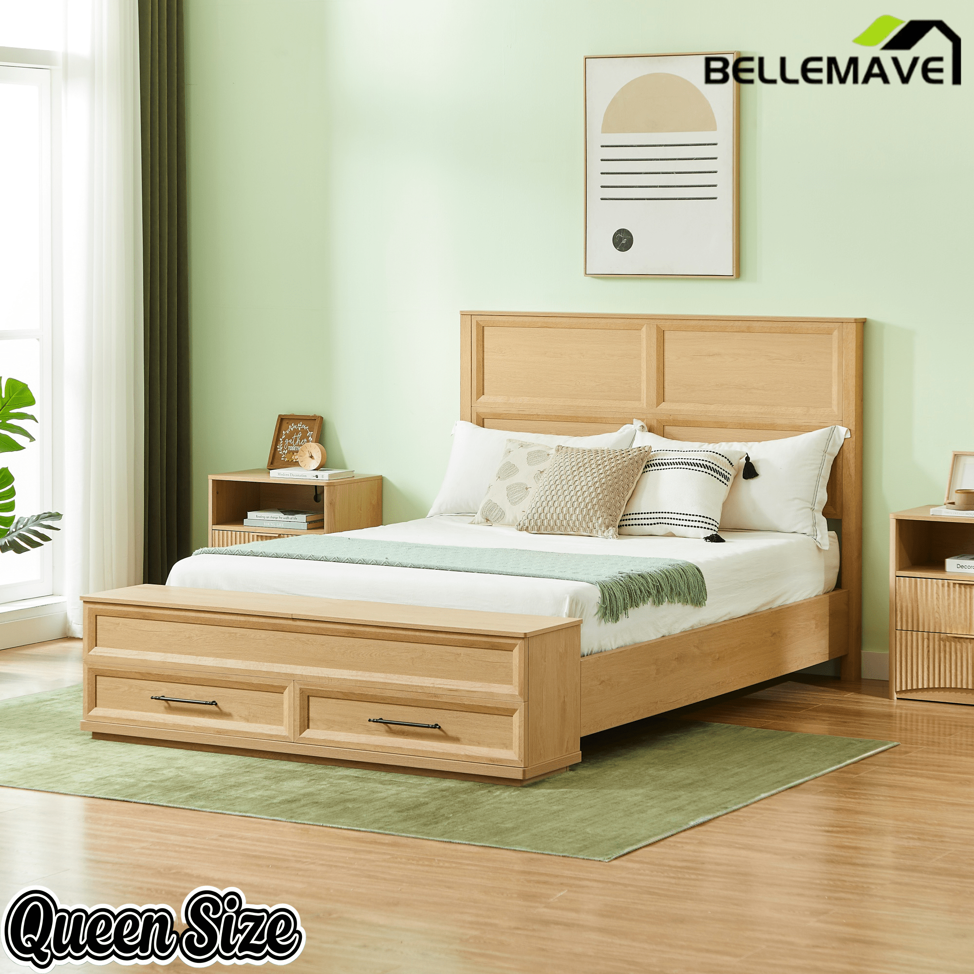 Bellemave® Bed Frame with 3D Geometric Headboard, 4 Storage Drawers & Bench – Modern Oak Bedroom Furniture - Bellemave