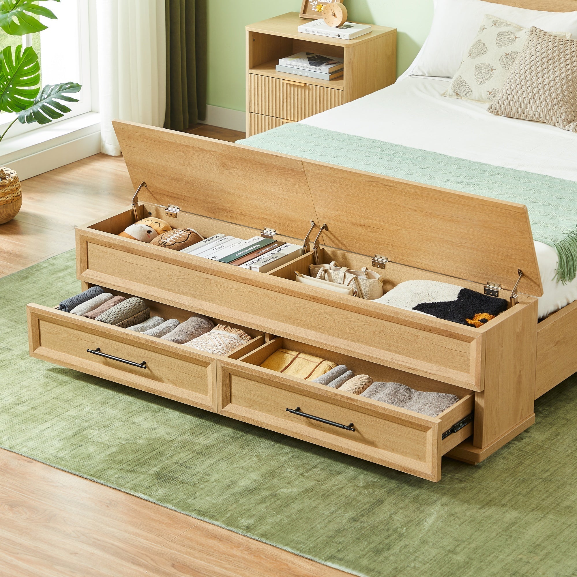 Bellemave® Bed Frame with 3D Geometric Headboard, 4 Storage Drawers & Bench – Modern Oak Bedroom Furniture - Bellemave