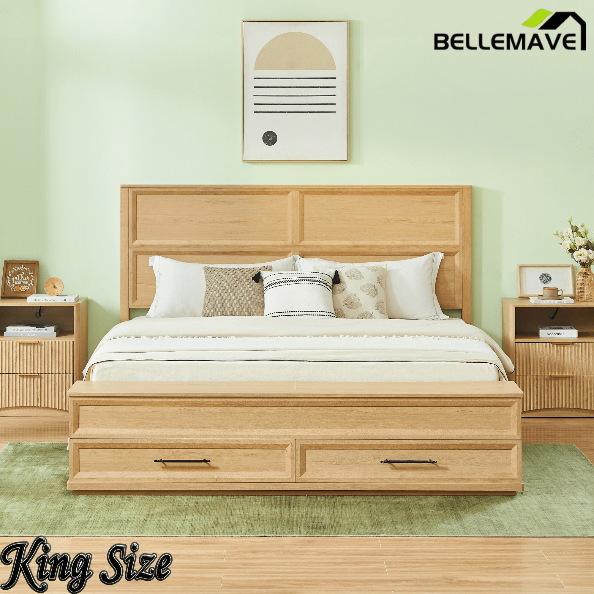 Bellemave® Bed Frame with 3D Geometric Headboard, 4 Storage Drawers & Bench – Modern Oak Bedroom Furniture - Bellemave