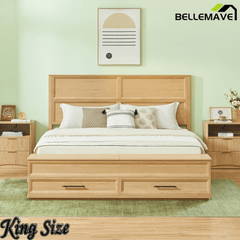Bellemave® Bed Frame with 3D Geometric Headboard, 4 Storage Drawers & Bench – Modern Oak Bedroom Furniture - Bellemave