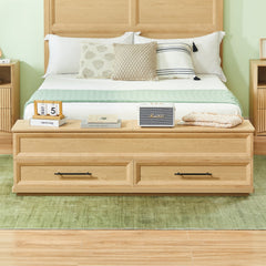 Bellemave® Bed Frame with 3D Geometric Headboard, 4 Storage Drawers & Bench – Modern Oak Bedroom Furniture - Bellemave