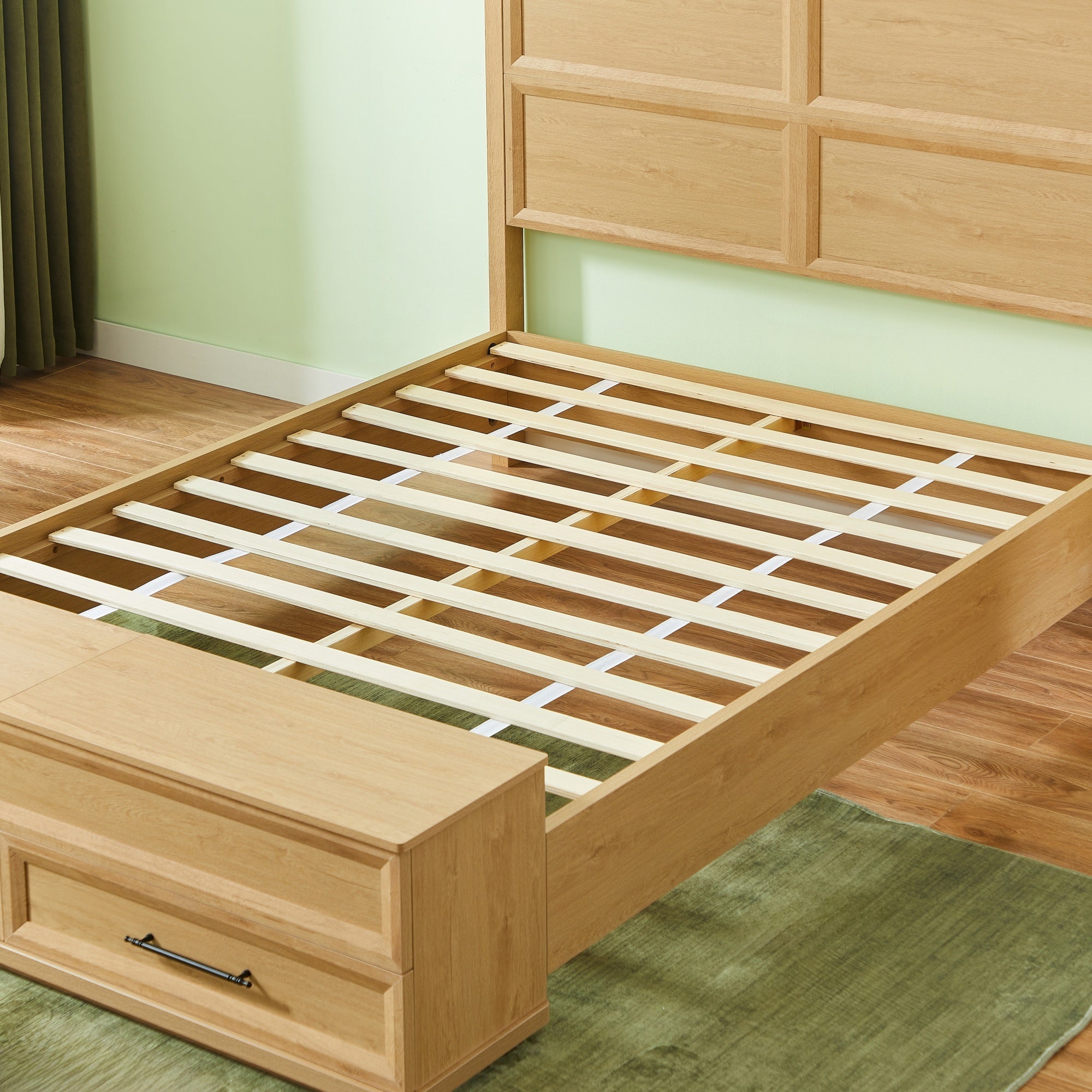 Bellemave® Bed Frame with 3D Geometric Headboard, 4 Storage Drawers & Bench – Modern Oak Bedroom Furniture - Bellemave