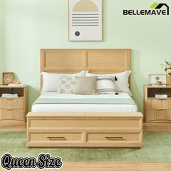 Bellemave® Bed Frame with 3D Geometric Headboard, 4 Storage Drawers & Bench – Modern Oak Bedroom Furniture - Bellemave