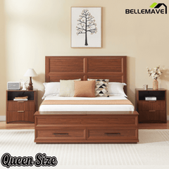 Bellemave® Bed Frame with 3D Geometric Headboard, 4 Storage Drawers & Bench – Modern Oak Bedroom Furniture - Bellemave