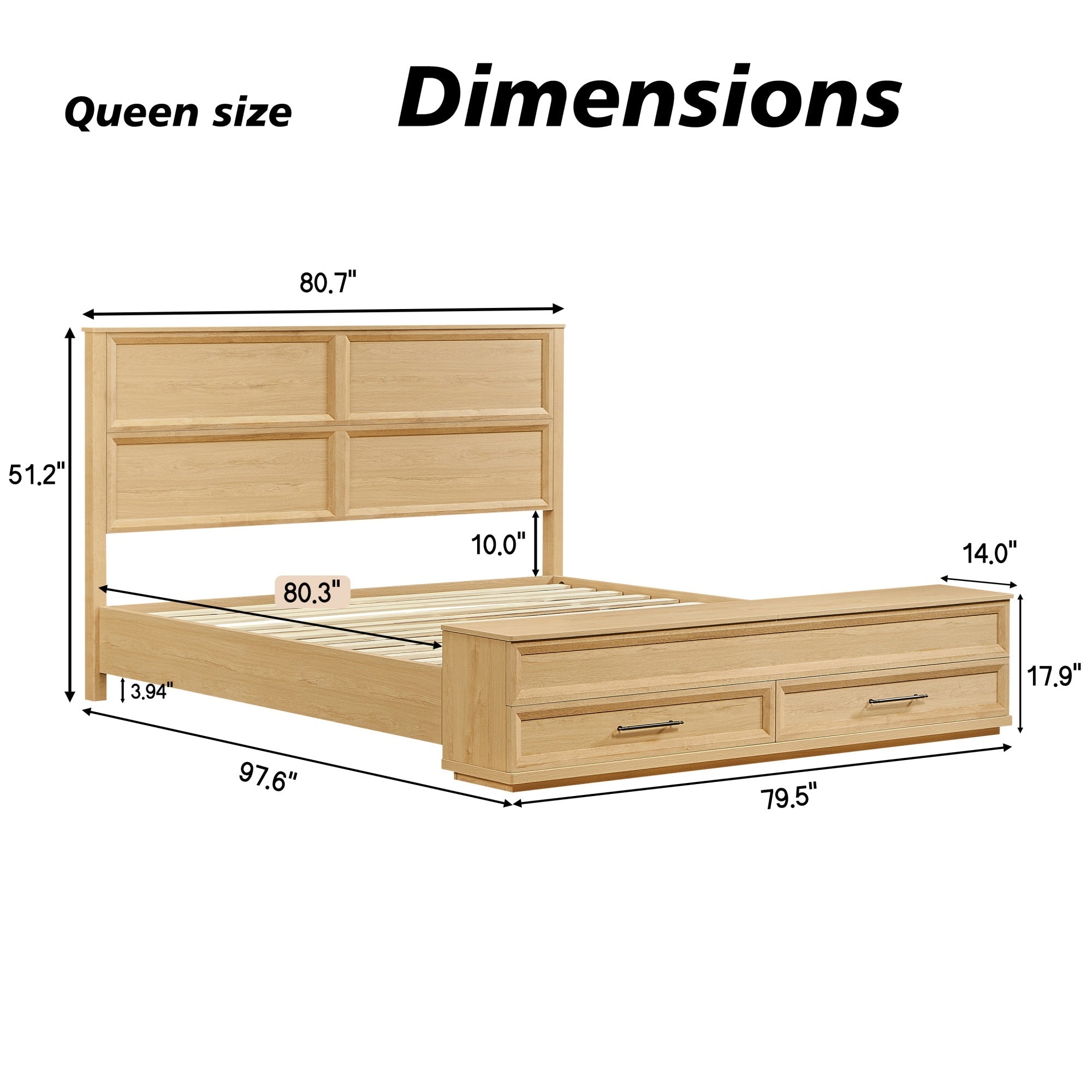 Bellemave® Bed Frame with 3D Geometric Headboard, 4 Storage Drawers & Bench – Modern Oak Bedroom Furniture - Bellemave