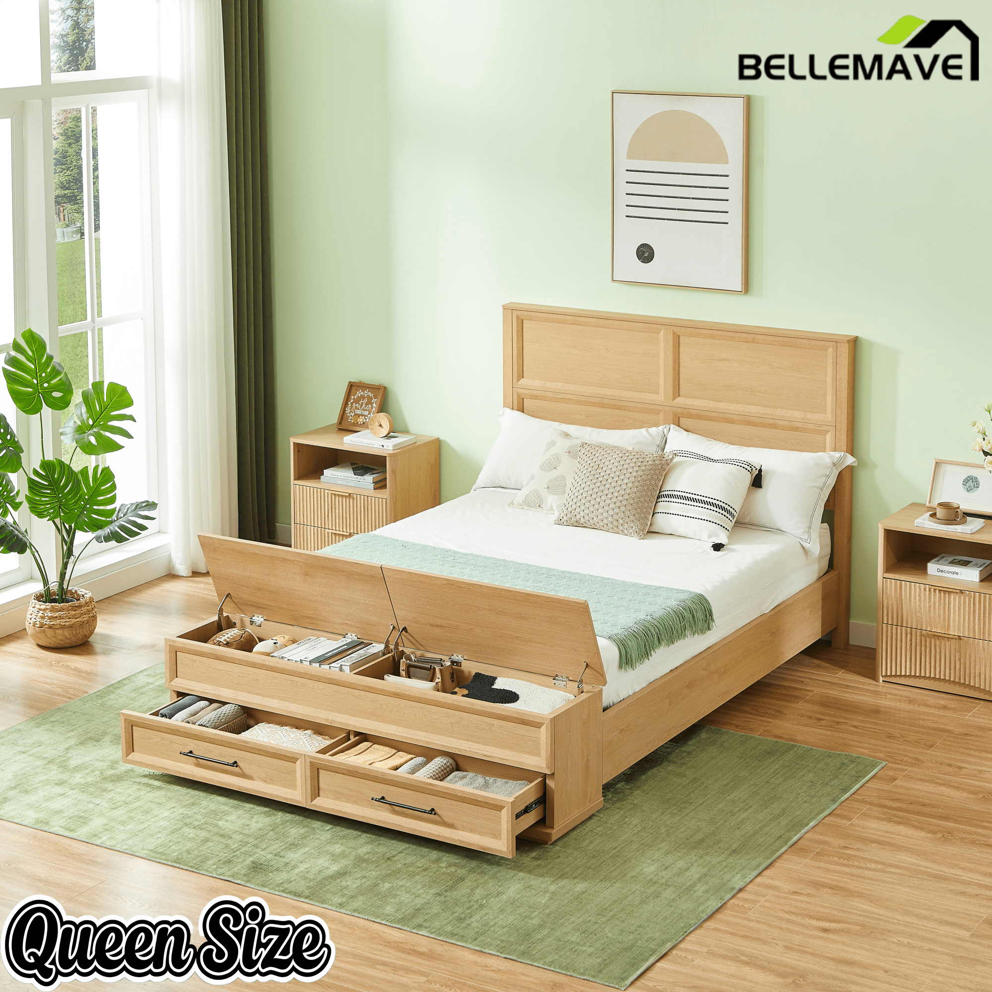 Bellemave® Bed Frame with 3D Geometric Headboard, 4 Storage Drawers & Bench – Modern Oak Bedroom Furniture - Bellemave