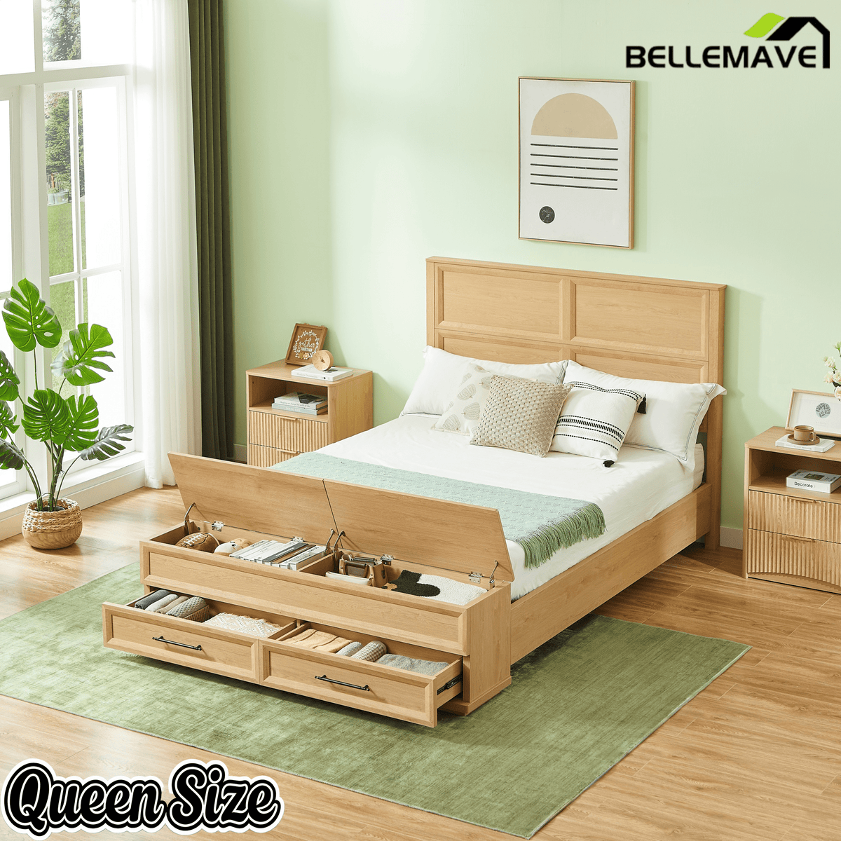 Bellemave® Bed Frame with 3D Geometric Headboard, 4 Storage Drawers & Bench – Modern Oak Bedroom Furniture - Bellemave