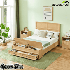 Bellemave® Bed Frame with 3D Geometric Headboard, 4 Storage Drawers & Bench – Modern Oak Bedroom Furniture - Bellemave
