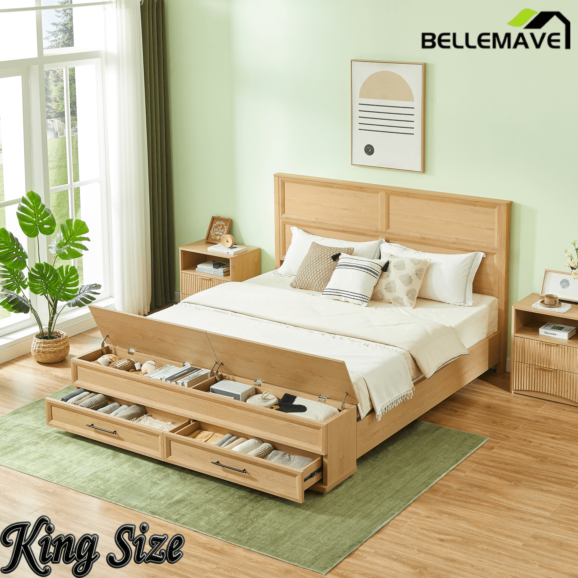 Bellemave® Bed Frame with 3D Geometric Headboard, 4 Storage Drawers & Bench – Modern Oak Bedroom Furniture - Bellemave