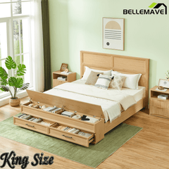 Bellemave® Bed Frame with 3D Geometric Headboard, 4 Storage Drawers & Bench – Modern Oak Bedroom Furniture - Bellemave