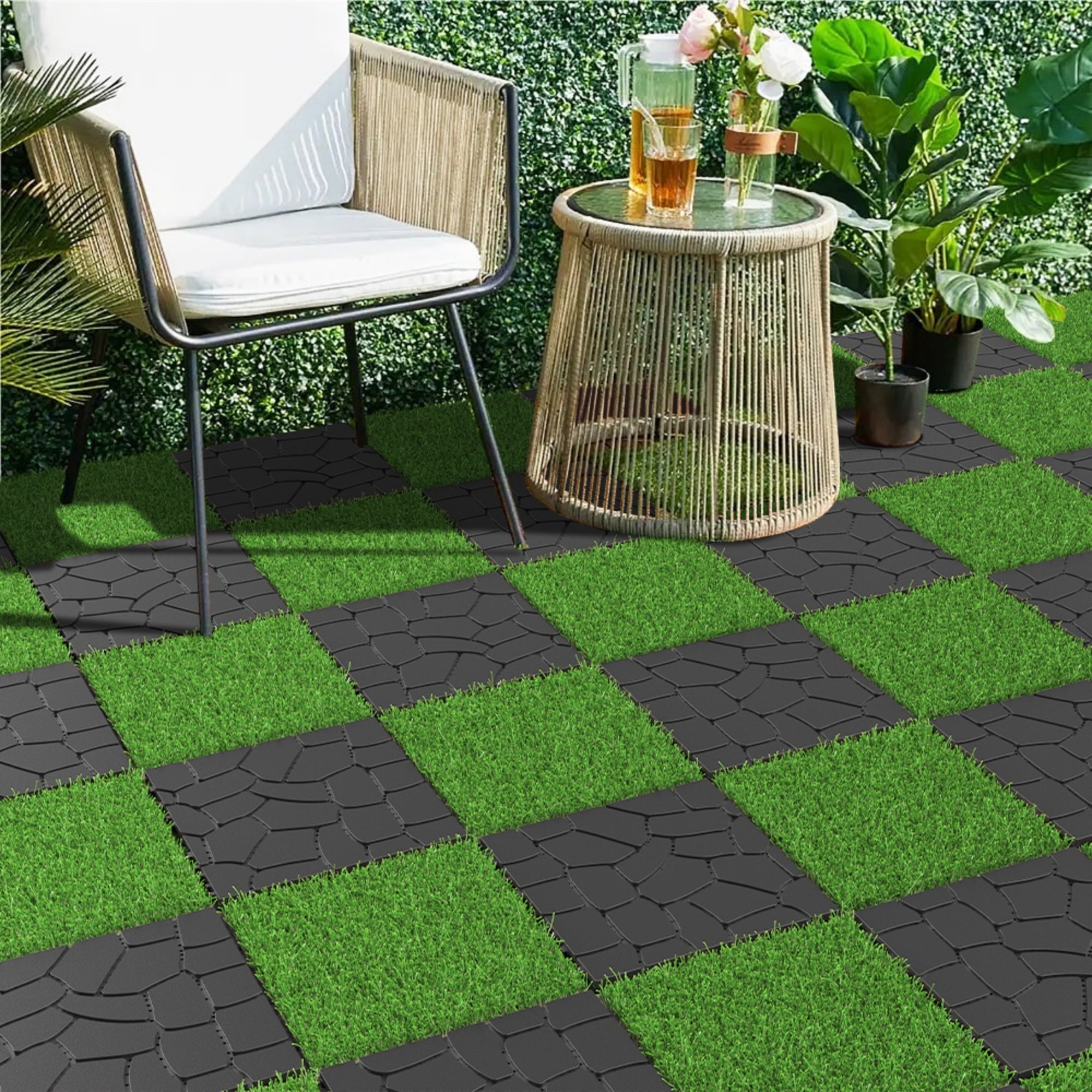 Bellemave® Bellemave® 12" Patio Interlocking Deck Tiles, Stone Texture Outdoor Floor Tiles, Dark Gray 44 Pcs - Bellemave