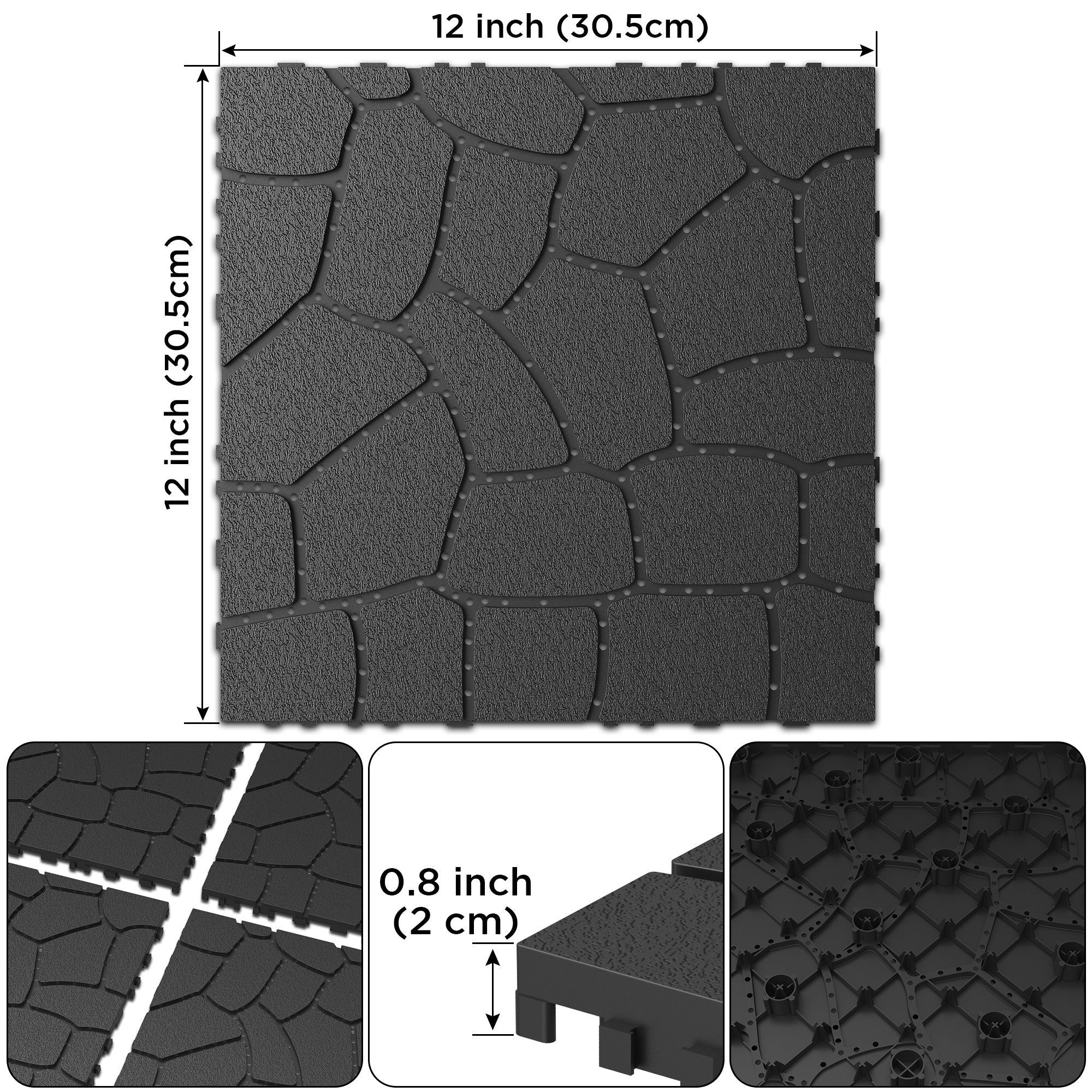 Bellemave® Bellemave® 12" Patio Interlocking Deck Tiles, Stone Texture Outdoor Floor Tiles, Dark Gray 44 Pcs - Bellemave