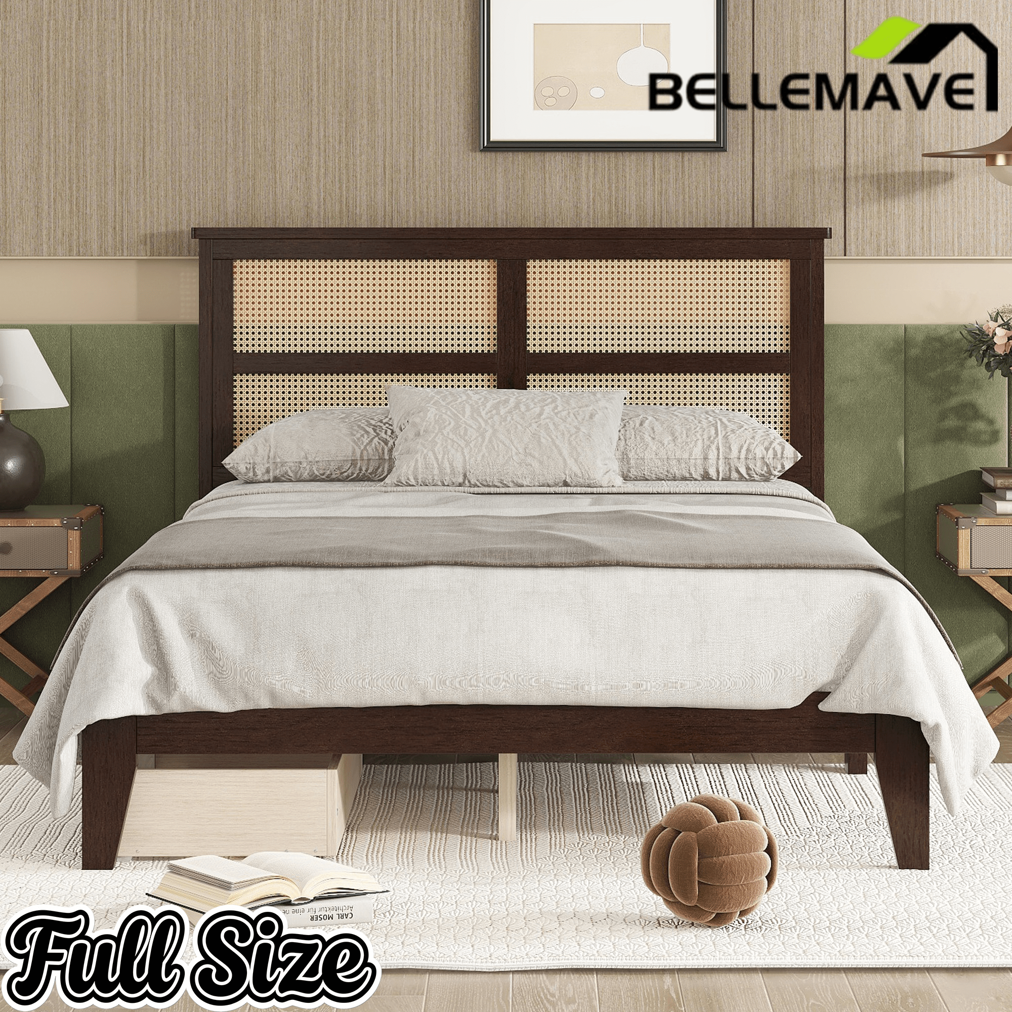 Bellemave® Boho Bed Frame with Rattan Headboard, Solid Wood Bed Frame with Wood Legs & Storage Underneath - Bellemave