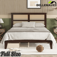 Bellemave® Boho Bed Frame with Rattan Headboard, Solid Wood Bed Frame with Wood Legs & Storage Underneath - Bellemave