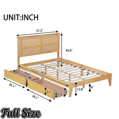 Bellemave® Boho Bed Frame with Rattan Headboard, Solid Wood Bed Frame with Wood Legs & Storage Underneath - Bellemave