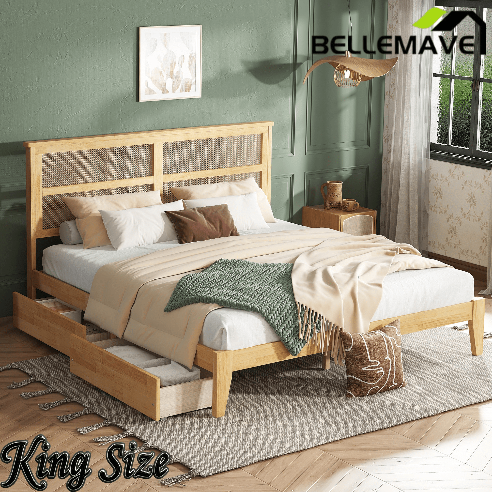 Bellemave® Boho Bed Frame with Rattan Headboard, Solid Wood Bed Frame with Wood Legs & Storage Underneath - Bellemave