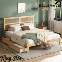 Bellemave® Boho Bed Frame with Rattan Headboard, Solid Wood Bed Frame with Wood Legs & Storage Underneath - Bellemave