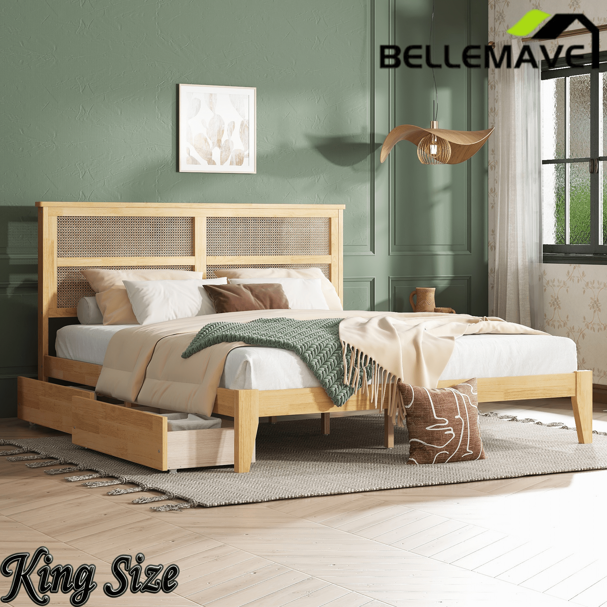 Bellemave® Boho Bed Frame with Rattan Headboard, Solid Wood Bed Frame with Wood Legs & Storage Underneath - Bellemave