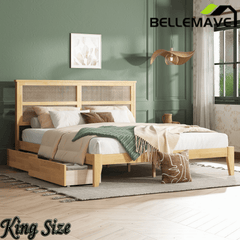 Bellemave® Boho Bed Frame with Rattan Headboard, Solid Wood Bed Frame with Wood Legs & Storage Underneath - Bellemave