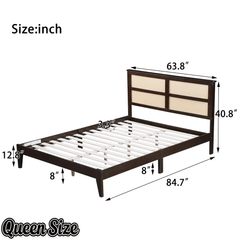 Bellemave® Boho Bed Frame with Rattan Headboard, Solid Wood Bed Frame with Wood Legs & Storage Underneath - Bellemave