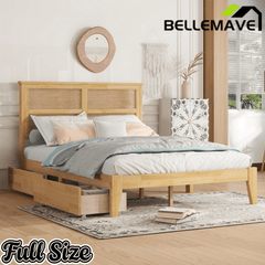 Bellemave® Boho Bed Frame with Rattan Headboard, Solid Wood Bed Frame with Wood Legs & Storage Underneath - Bellemave