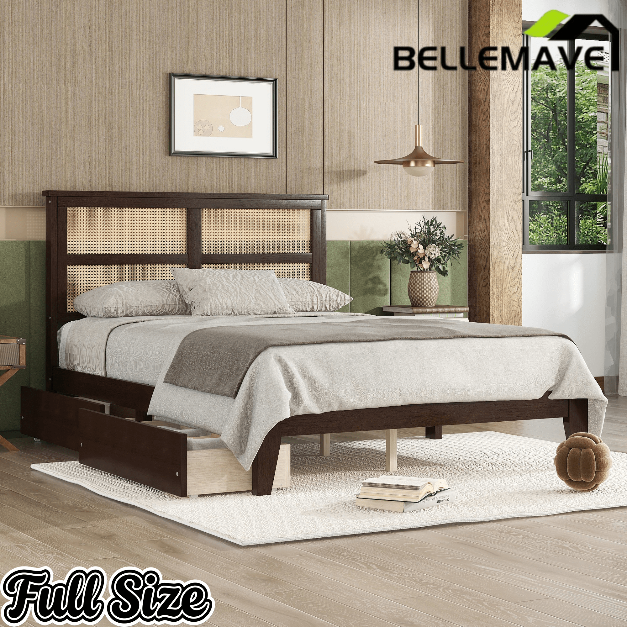 Bellemave® Boho Bed Frame with Rattan Headboard, Solid Wood Bed Frame with Wood Legs & Storage Underneath - Bellemave