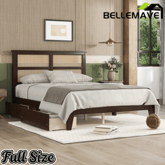 Bellemave® Boho Bed Frame with Rattan Headboard, Solid Wood Bed Frame with Wood Legs & Storage Underneath - Bellemave