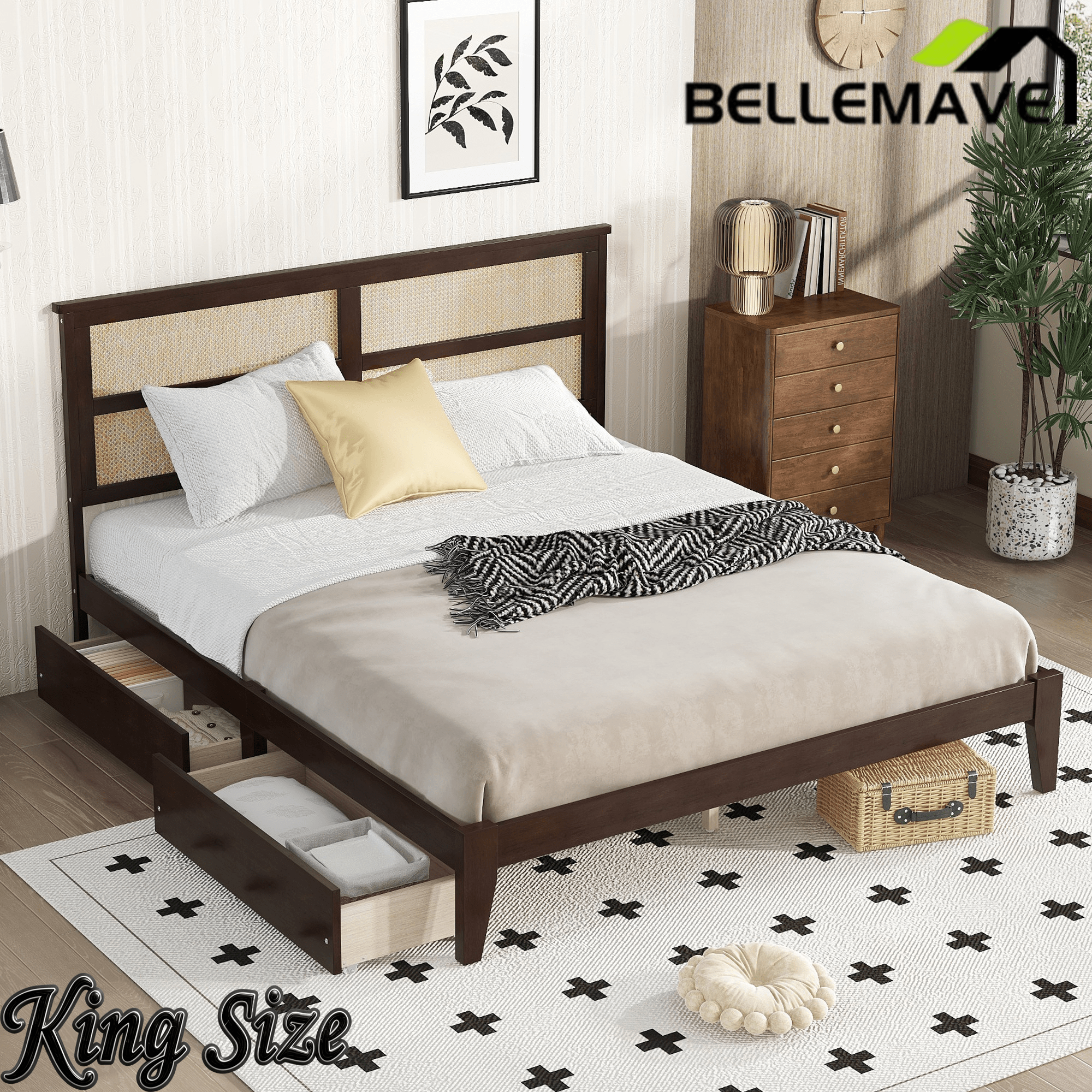 Bellemave® Boho Bed Frame with Rattan Headboard, Solid Wood Bed Frame with Wood Legs & Storage Underneath - Bellemave