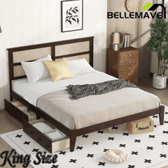 Bellemave® Boho Bed Frame with Rattan Headboard, Solid Wood Bed Frame with Wood Legs & Storage Underneath - Bellemave